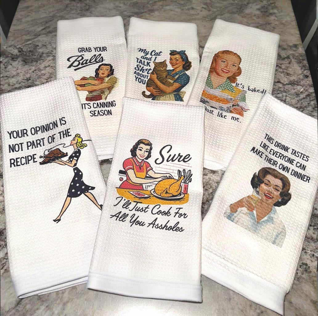 Funny Retro Housewife Waffle Weave Kitchen Towels – 6 Sassy Designs