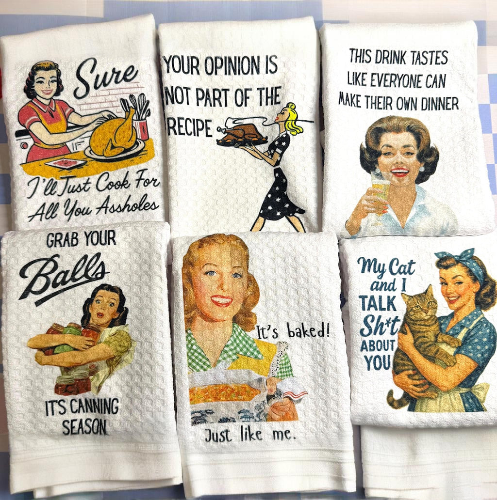 Funny Retro Housewife Waffle Weave Kitchen Towels – 6 Sassy Designs