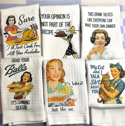 Funny Retro Housewife Waffle Weave Kitchen Towels – 6 Sassy Designs
