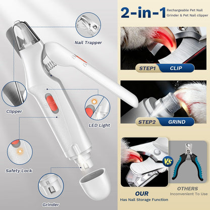 2-in-1 Pet Nail Clippers with Grinder & Dual LED Lights