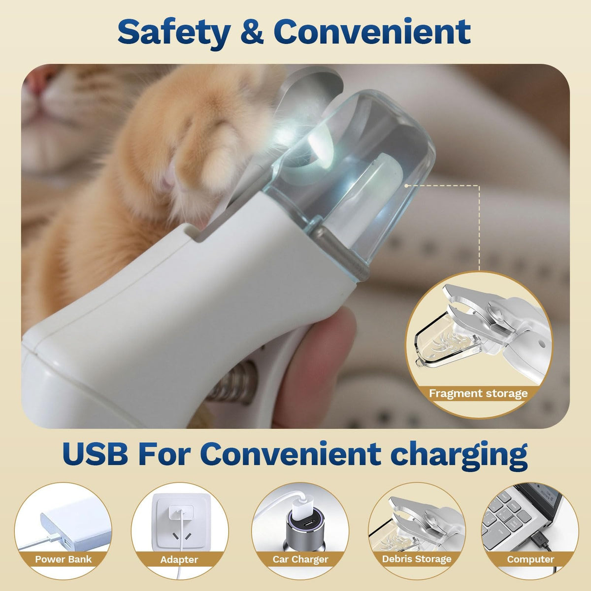 Pet nail tool with LED light and debris catcher