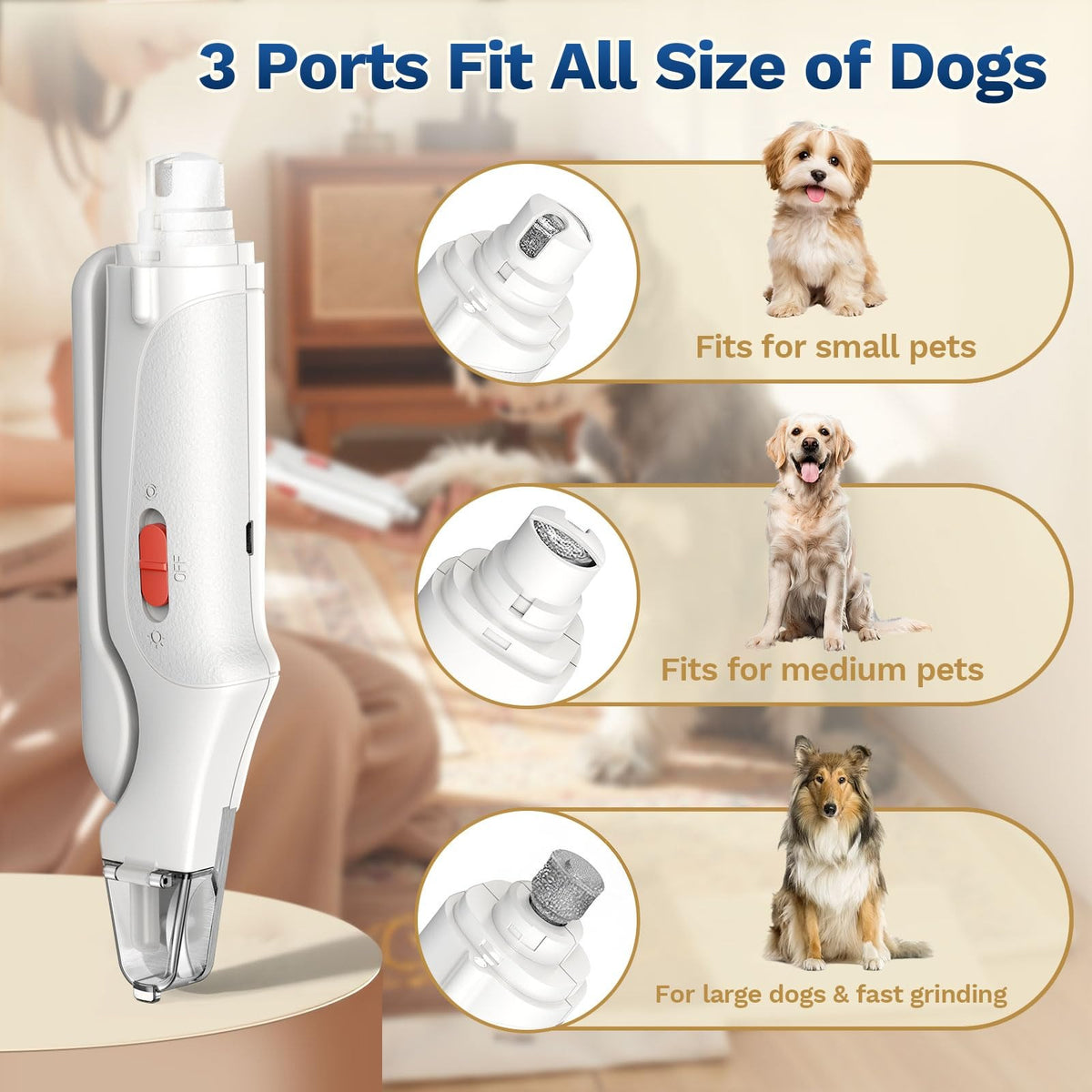 Pet nail grooming tool with three grinder port options