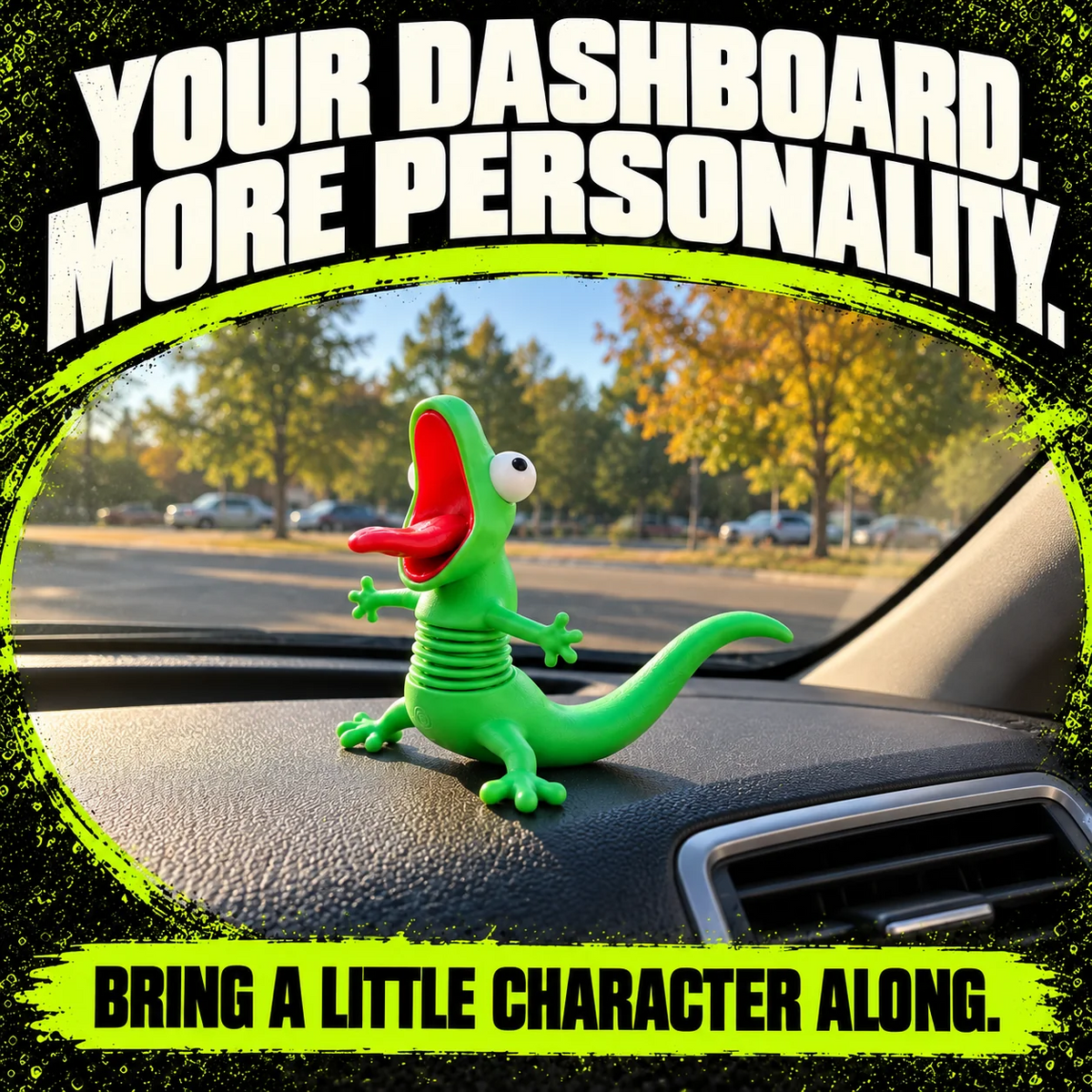 Graphic of character accessory on a dashboard
