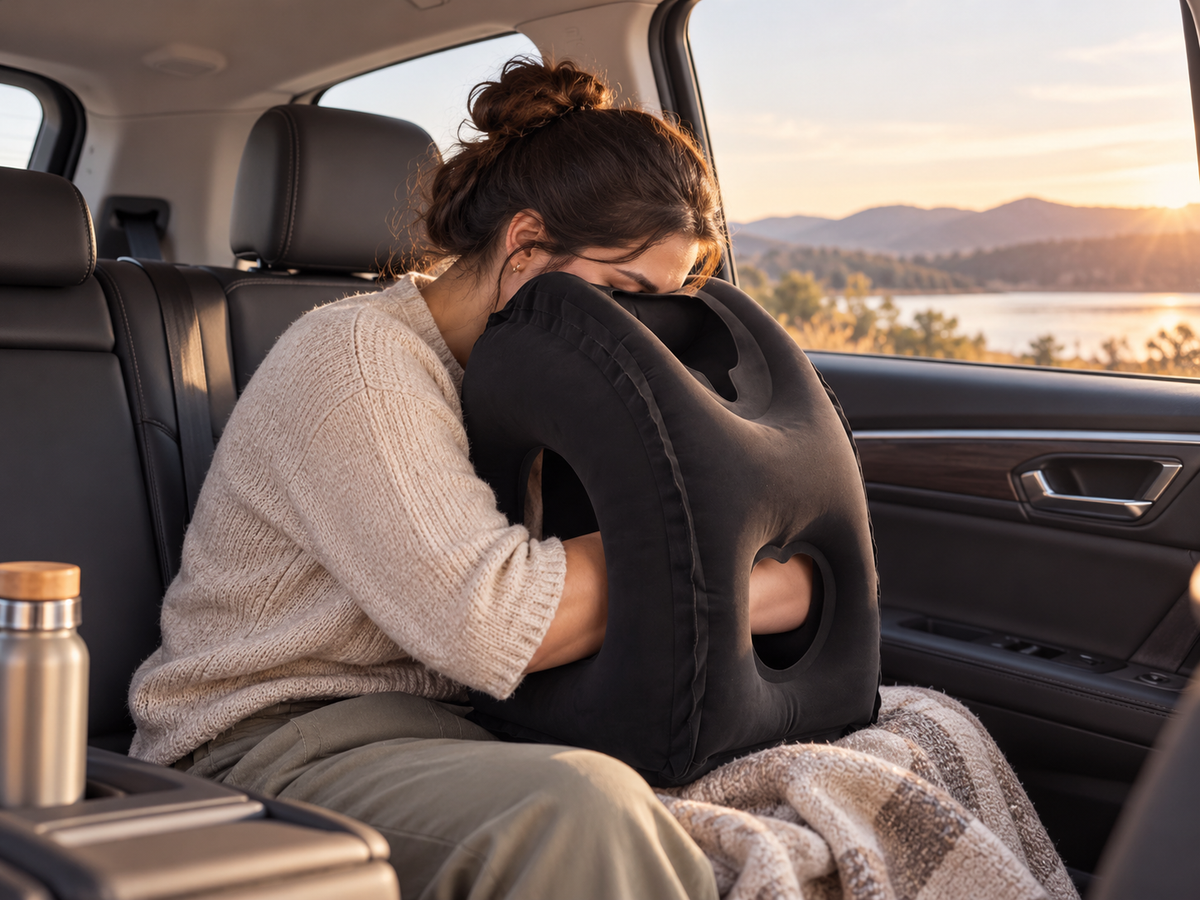 Passenger using a black inflatable travel sleep pillow in a parked car
