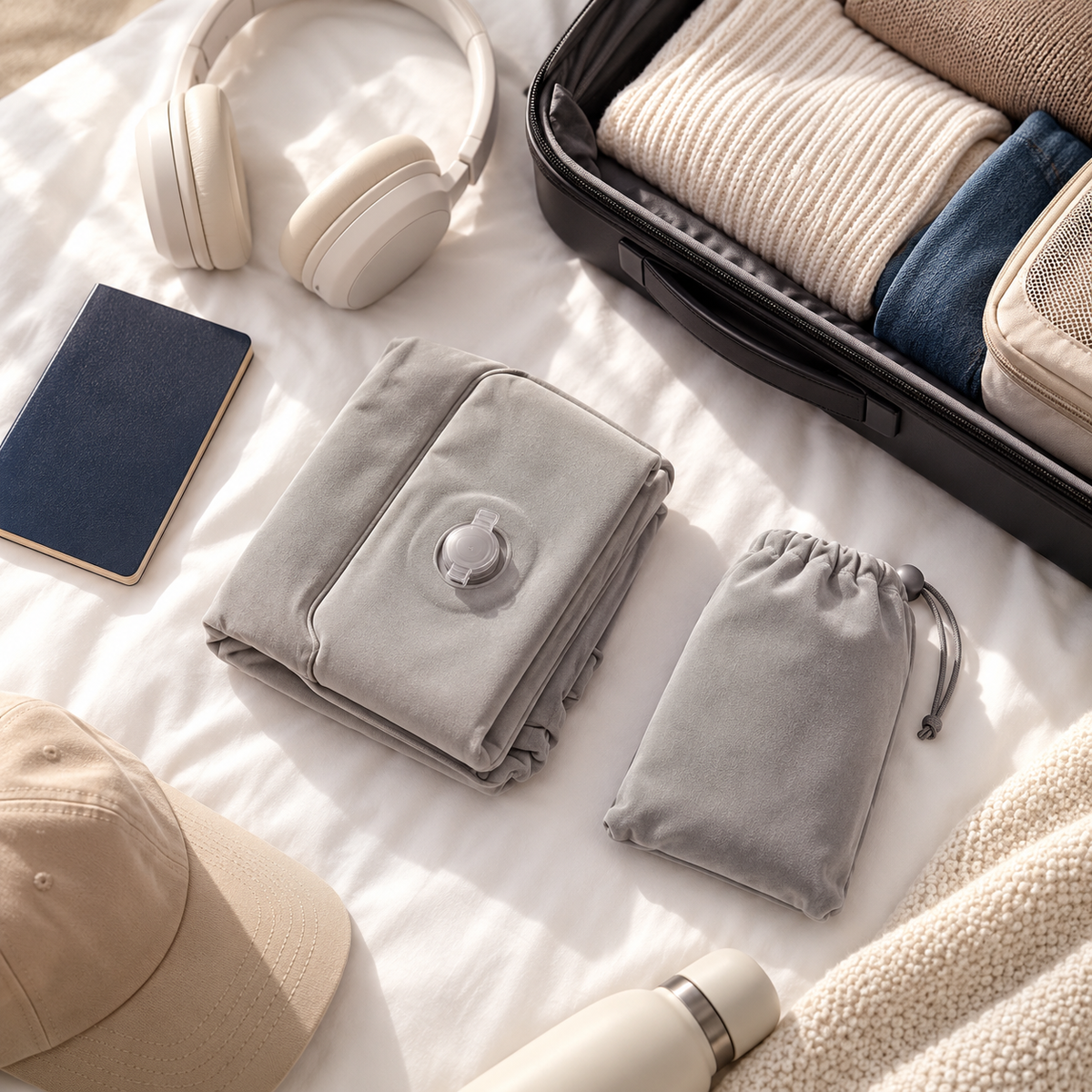 Deflated gray travel pillow and compact storage pouch arranged for packing