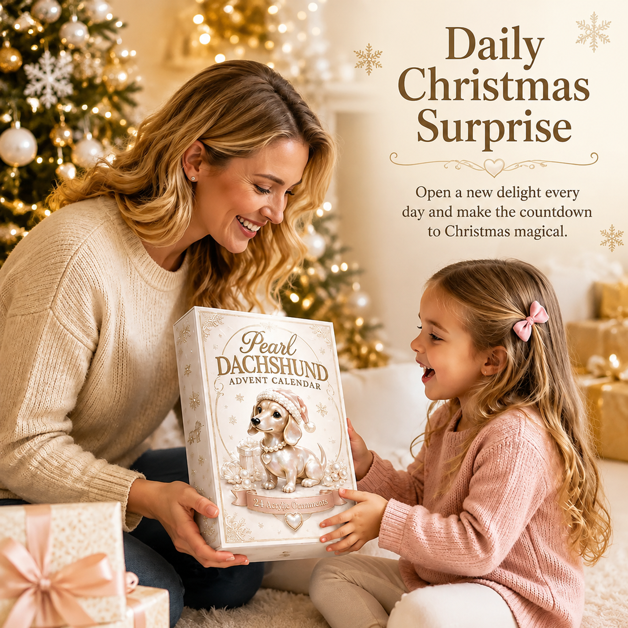 Family revealing pearl dachshund ornaments during the Christmas countdown