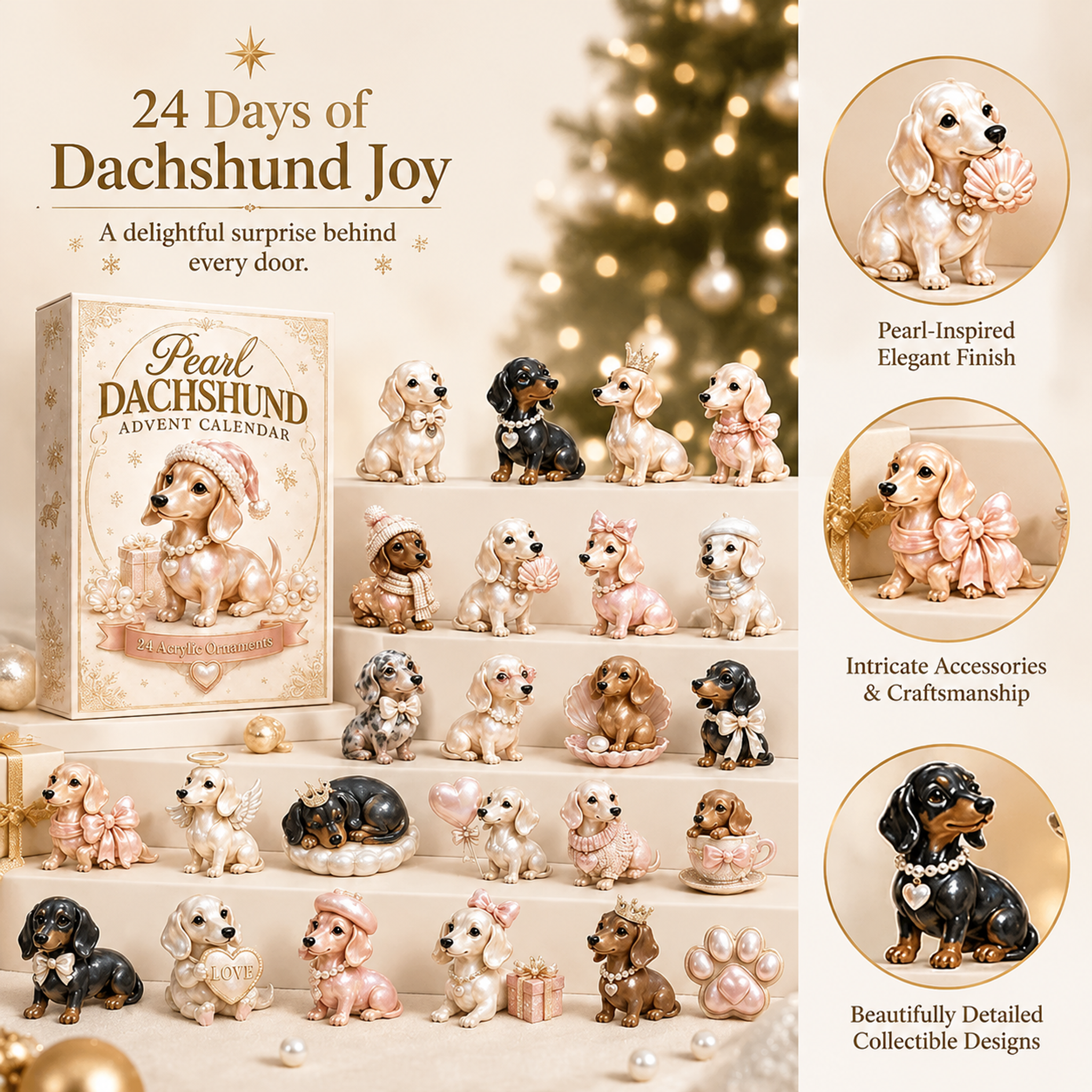 2026 Pearl Dachshund Advent Calendar with 24 ornaments