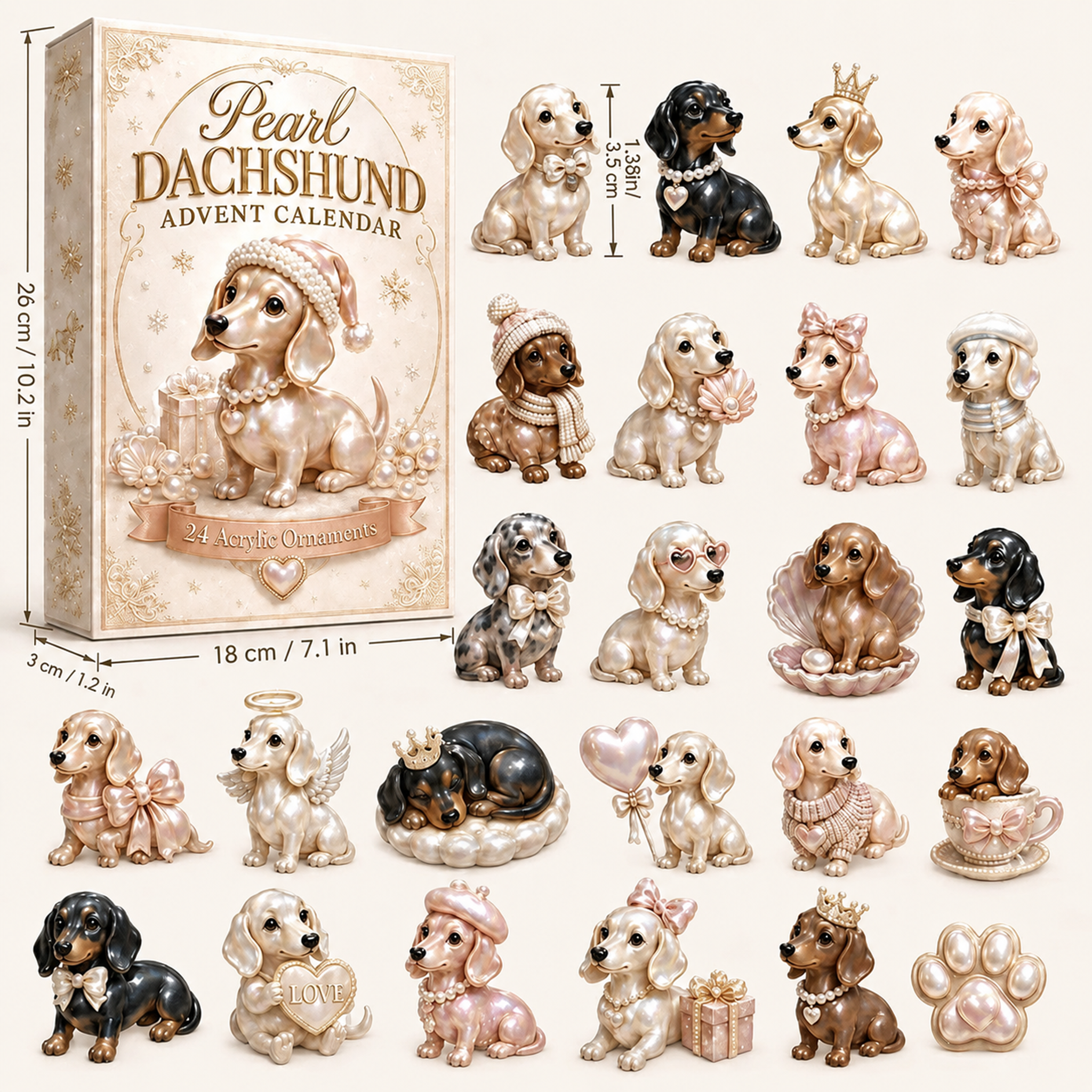 Pearl Dachshund Advent Calendar dimensions and ornament collection