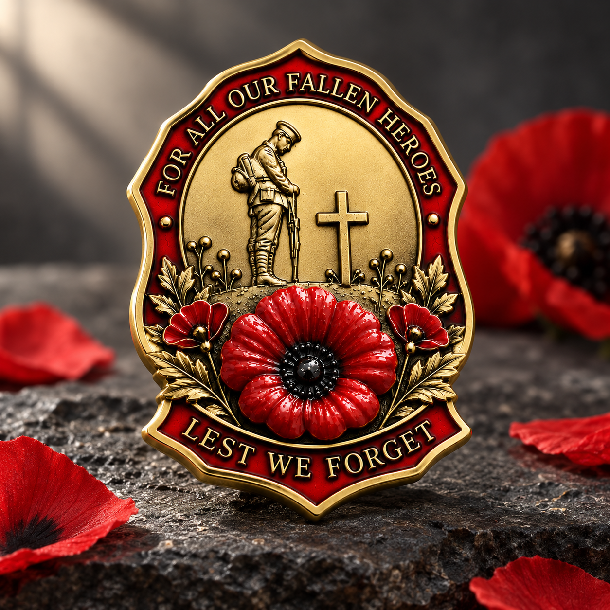 Gold-tone remembrance brooch with raised red poppy, soldier and cross relief