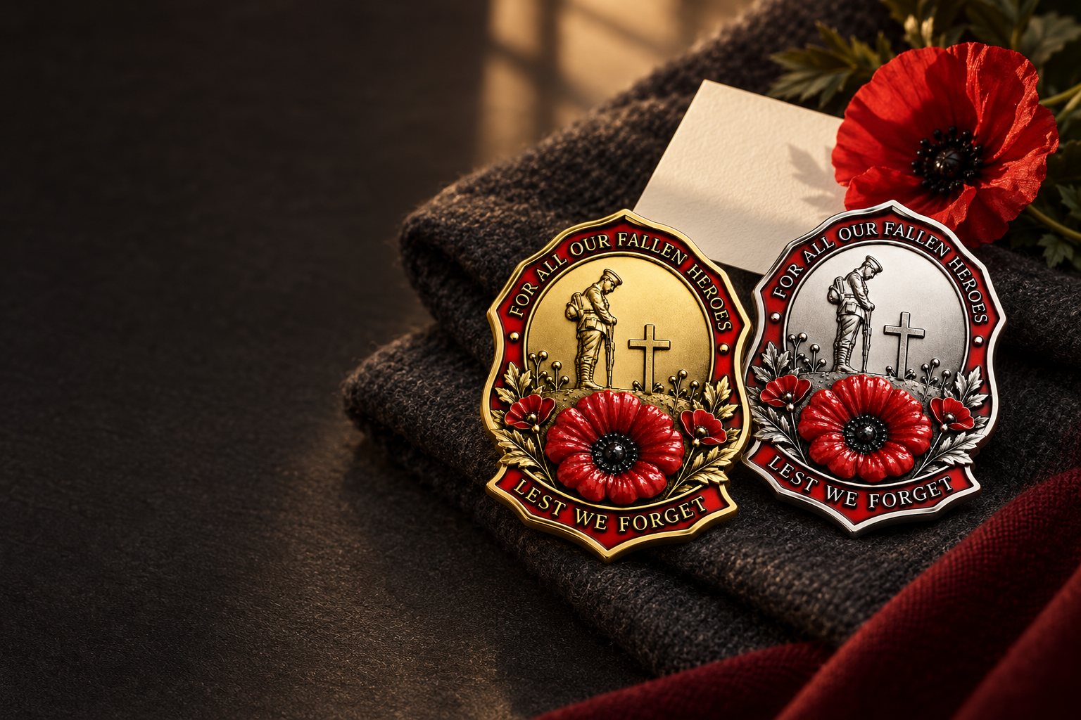 Gold and silver remembrance brooches beside a red poppy on folded charcoal fabric