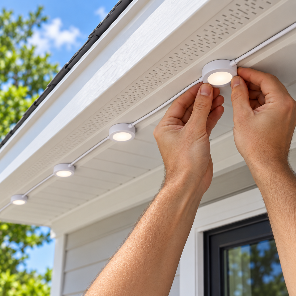 Positioning separate round light nodes beneath a soffit