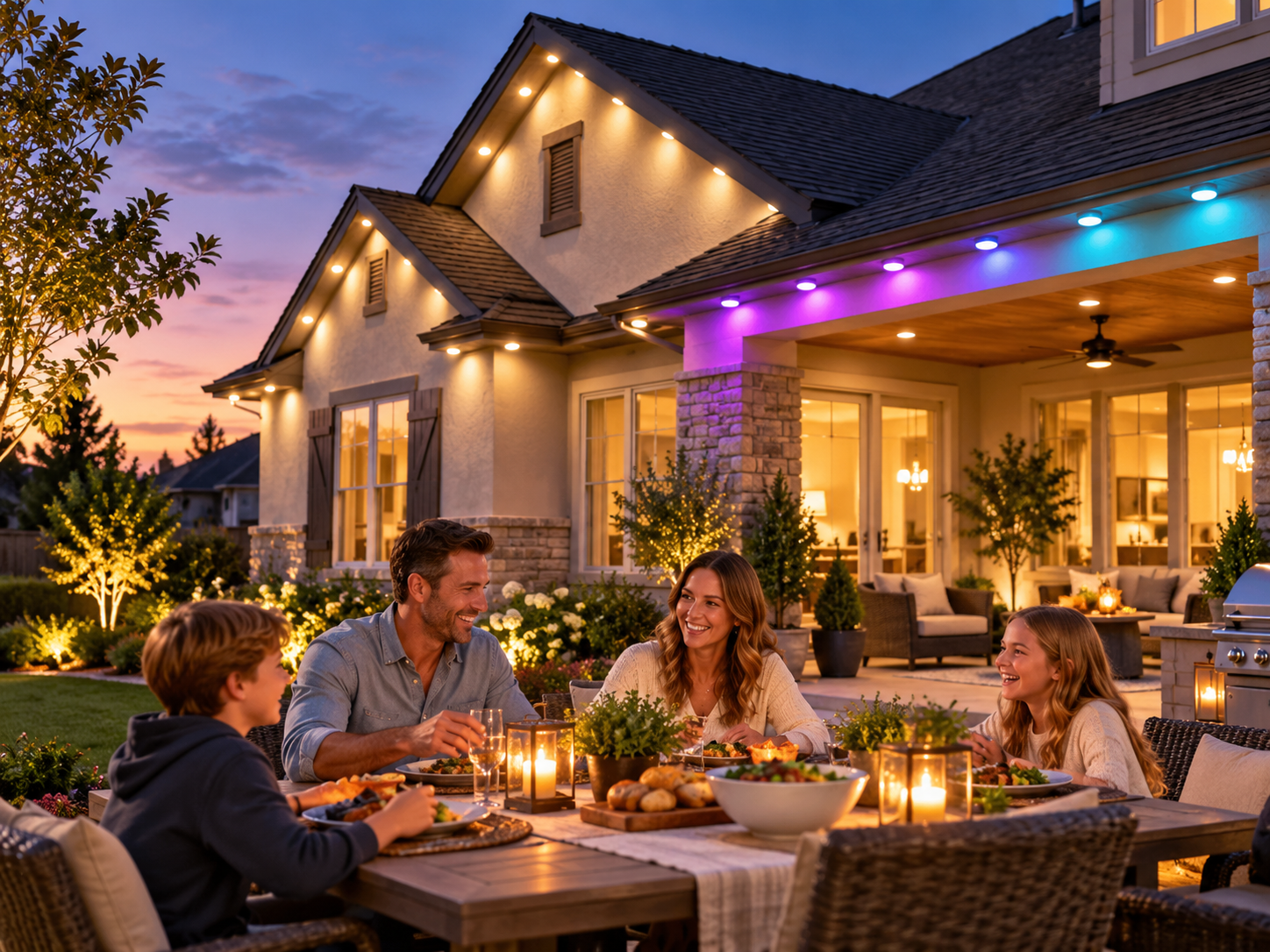 Family dinner beneath permanent outdoor lights set to warm white with colorful accents
