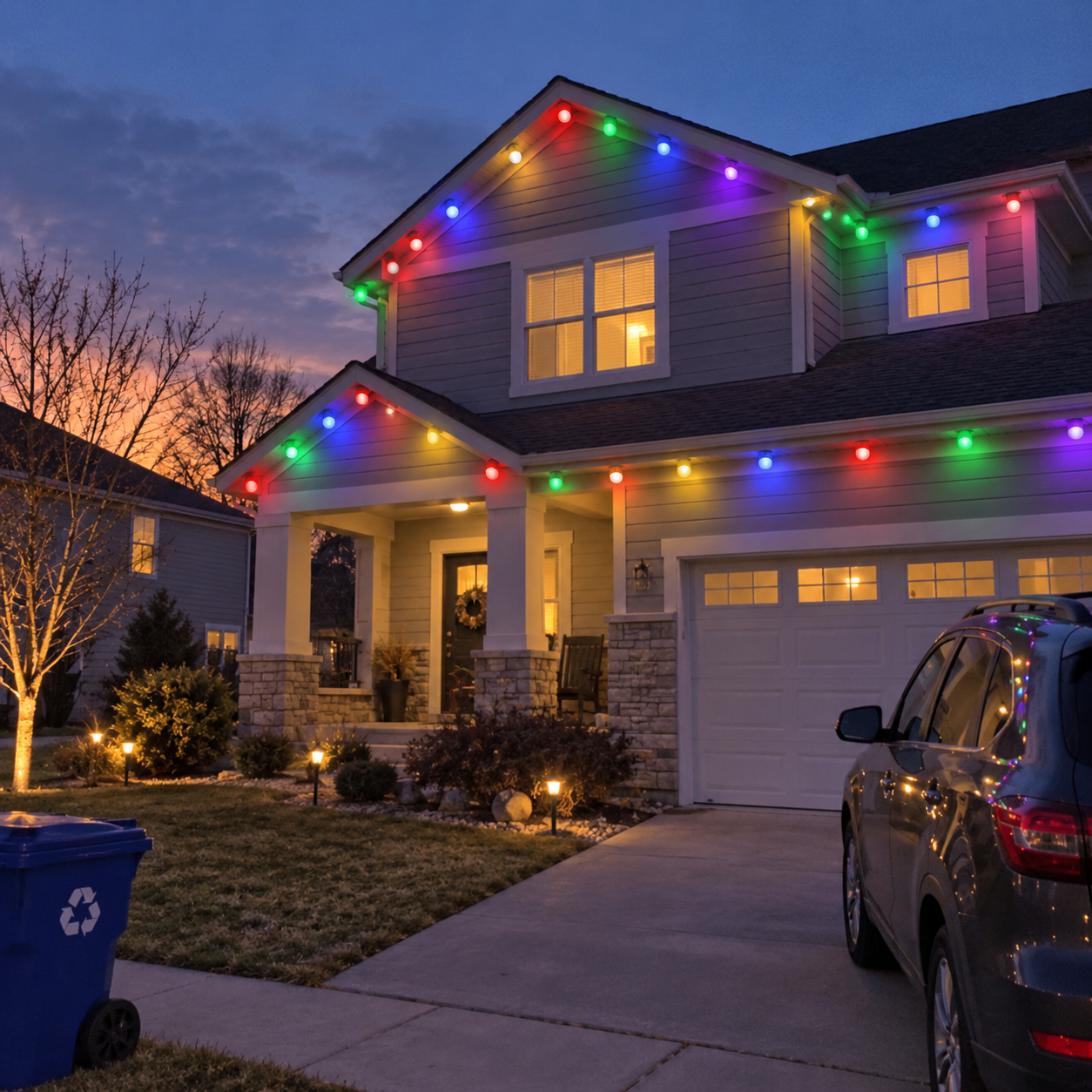Illustrative casual phone-style view of smart permanent outdoor lights on a suburban home