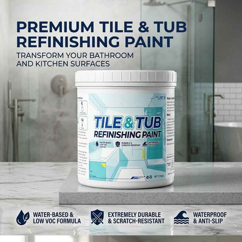 Tile and tub refinishing paint kit in a bright bathroom
