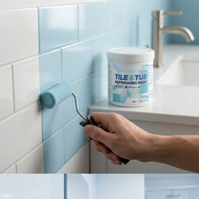 Rolling water-based refinishing paint over bathroom tiles