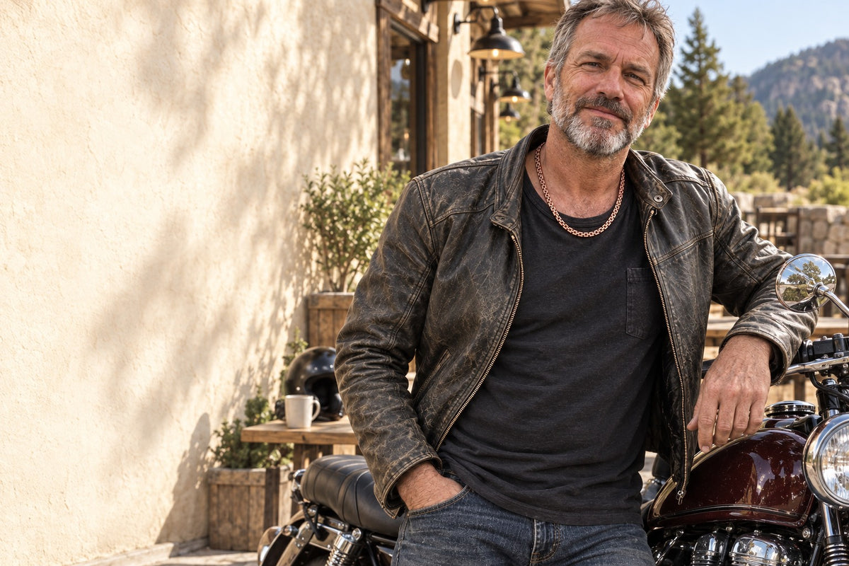 Man wearing the copper chain beside a parked motorcycle