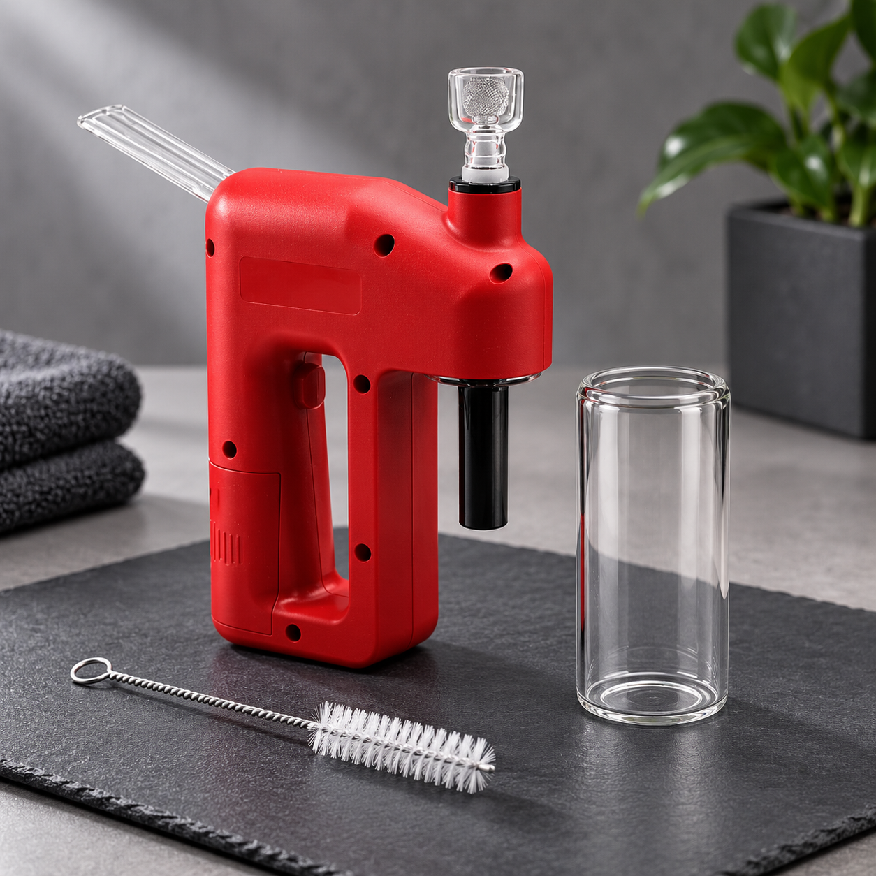 Removable transparent glass chamber beside red device