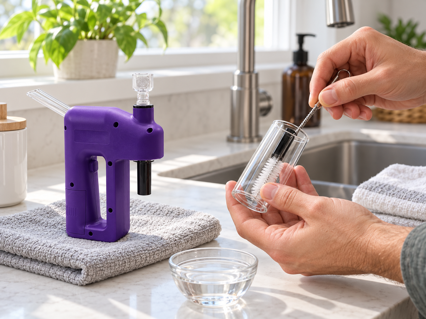 Adult hands cleaning the detached transparent glass chamber