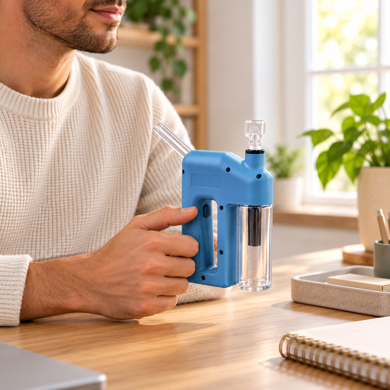 Adult using the compact lake-blue device at a bright home desk