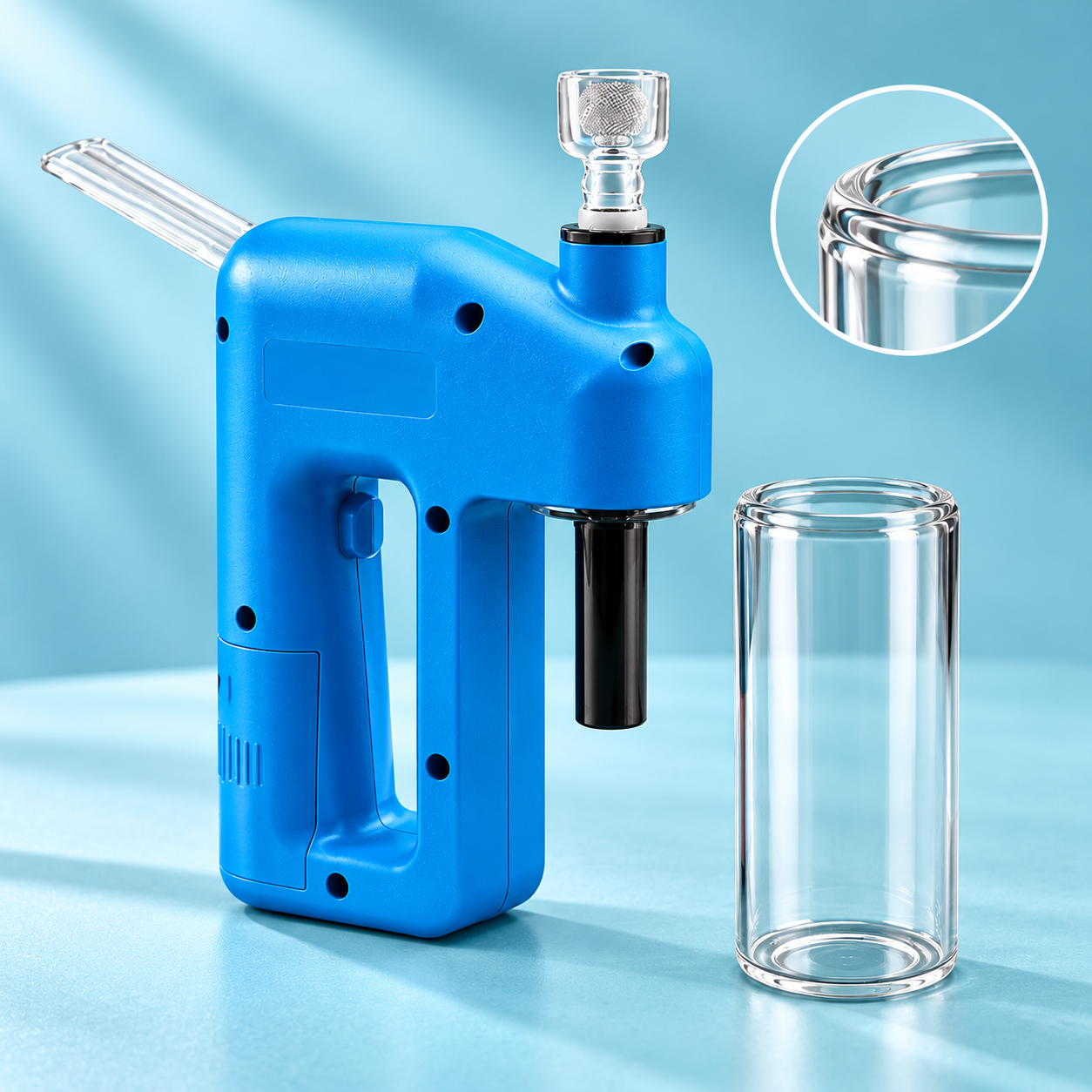 Transparent glass chamber shown beside the device with a close-up detail