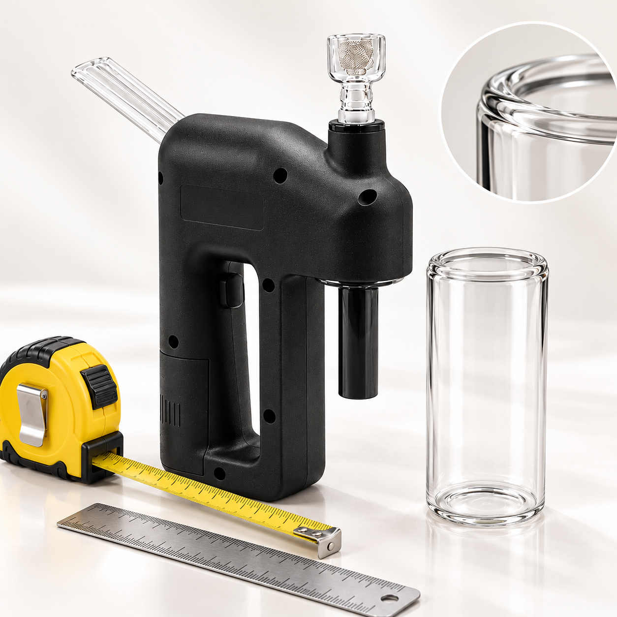 Compact black device shown beside a measuring tape and detached glass chamber