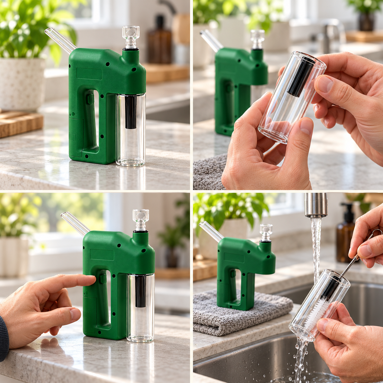 Four visual moments showing stable placement, chamber check, switch operation, and cleaning
