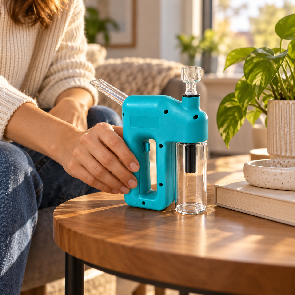 Compact lake-blue device shown in an everyday home setting