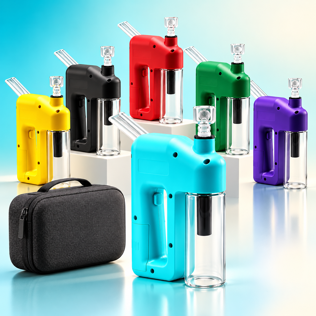 Lake-blue device and five color options beside a compact organizer