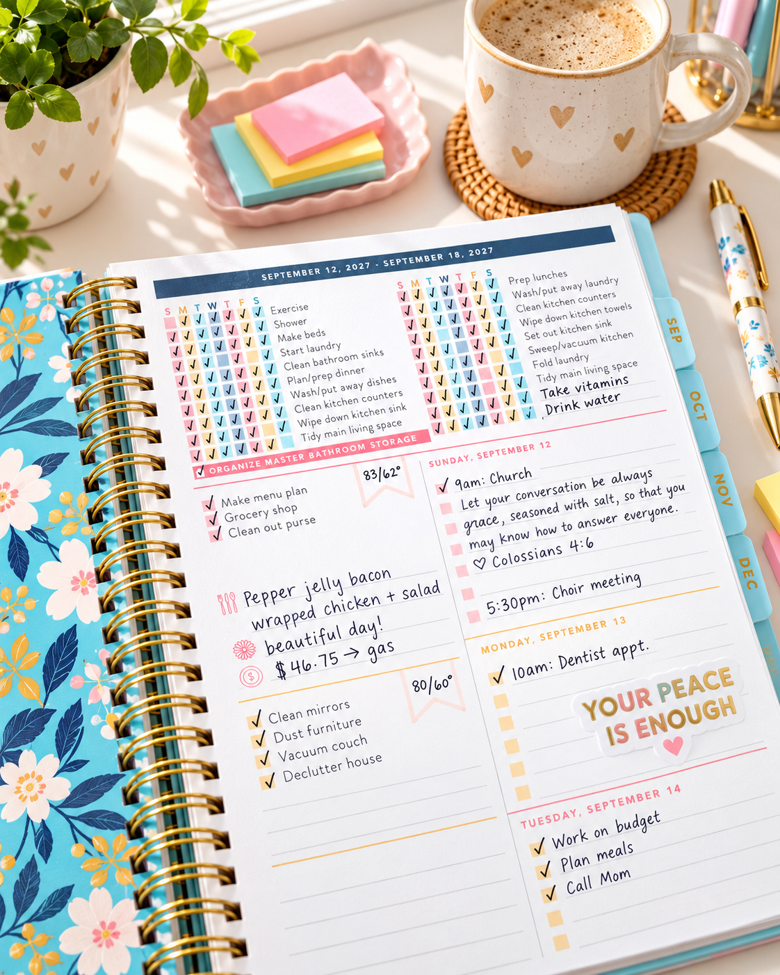 Close view of Home Planner weekly checklists and handwritten plans