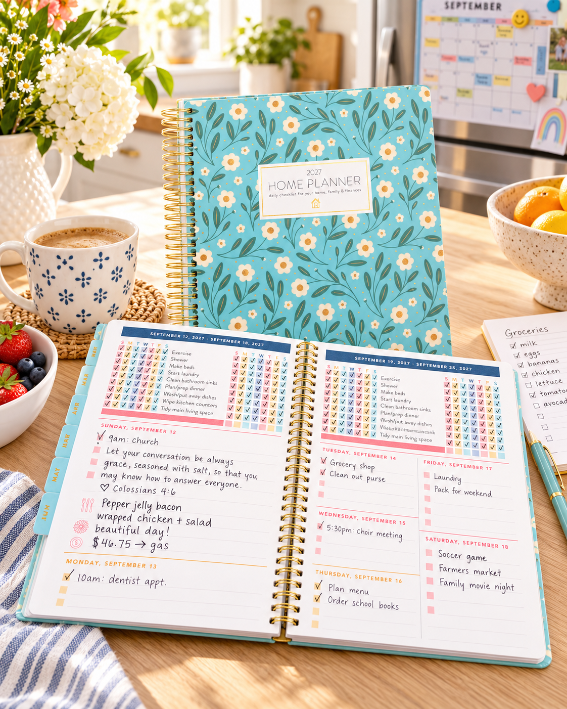 2027 Home Planner open on a colourful family planning spread