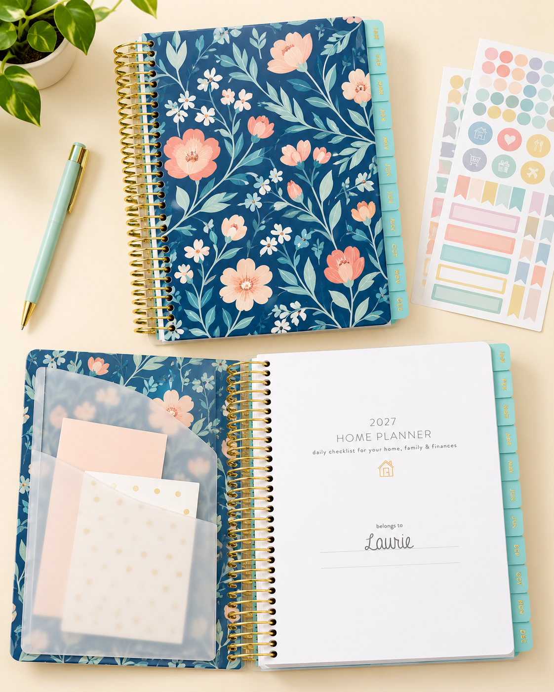 Home Planner gold coil binding, tabs, pocket and sticker details