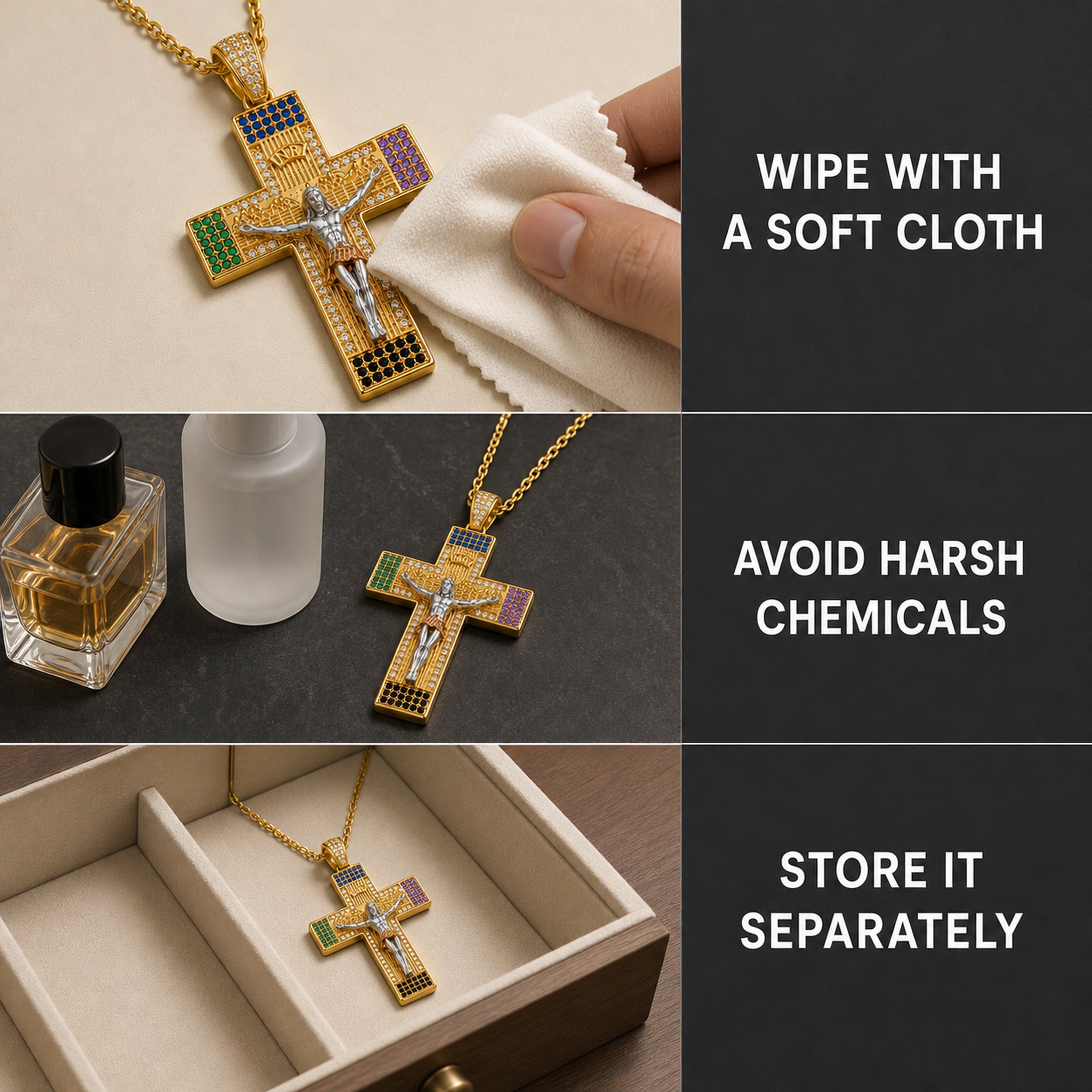 Three-step care guide for the multicolor zircon crucifix necklace