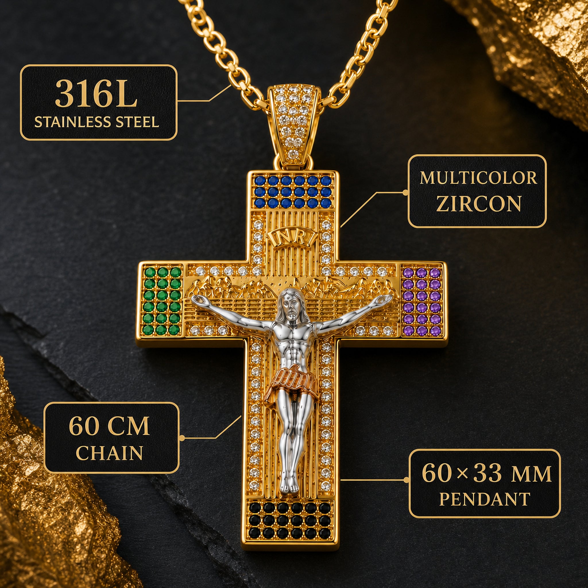 Gold-tone Jesus crucifix necklace with 316L stainless steel, multicolor zircon, chain, and pendant specifications