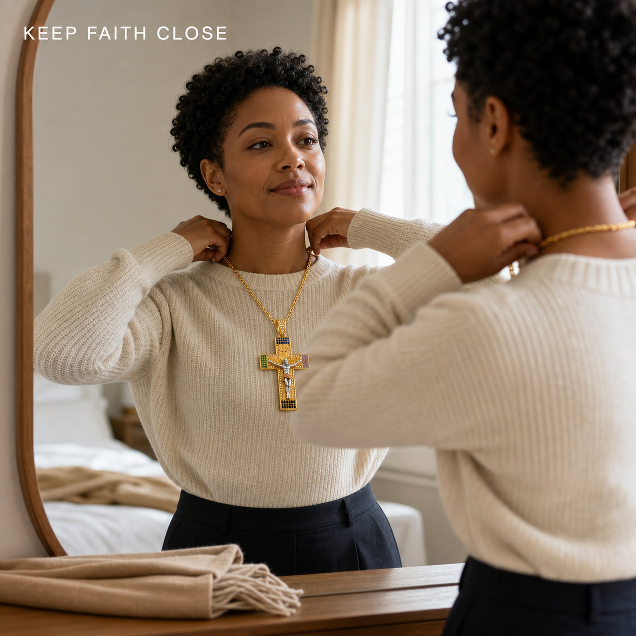 Woman putting on the multicolor zircon crucifix necklace in front of a mirror