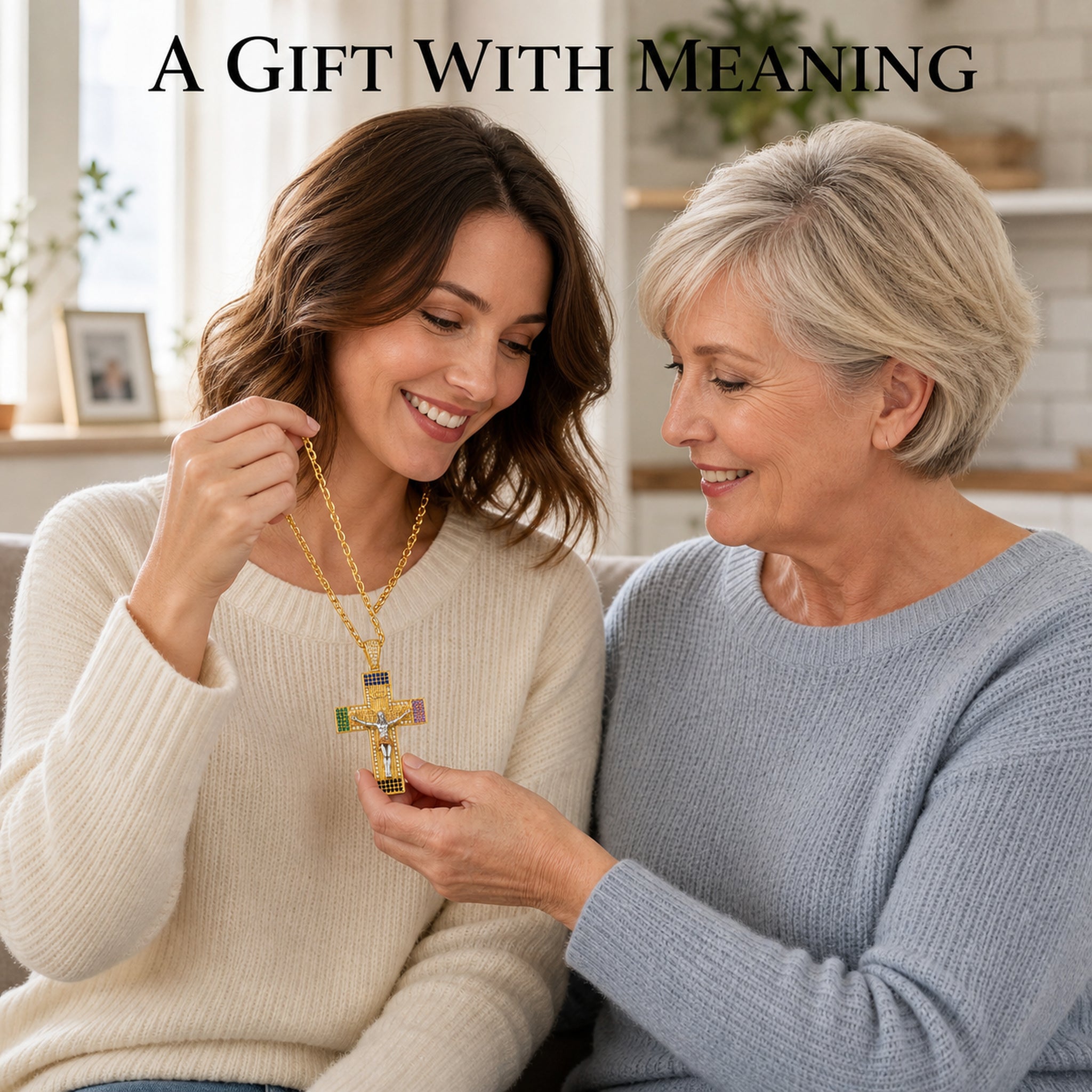 Woman giving the multicolor zircon crucifix necklace as a meaningful faith gift