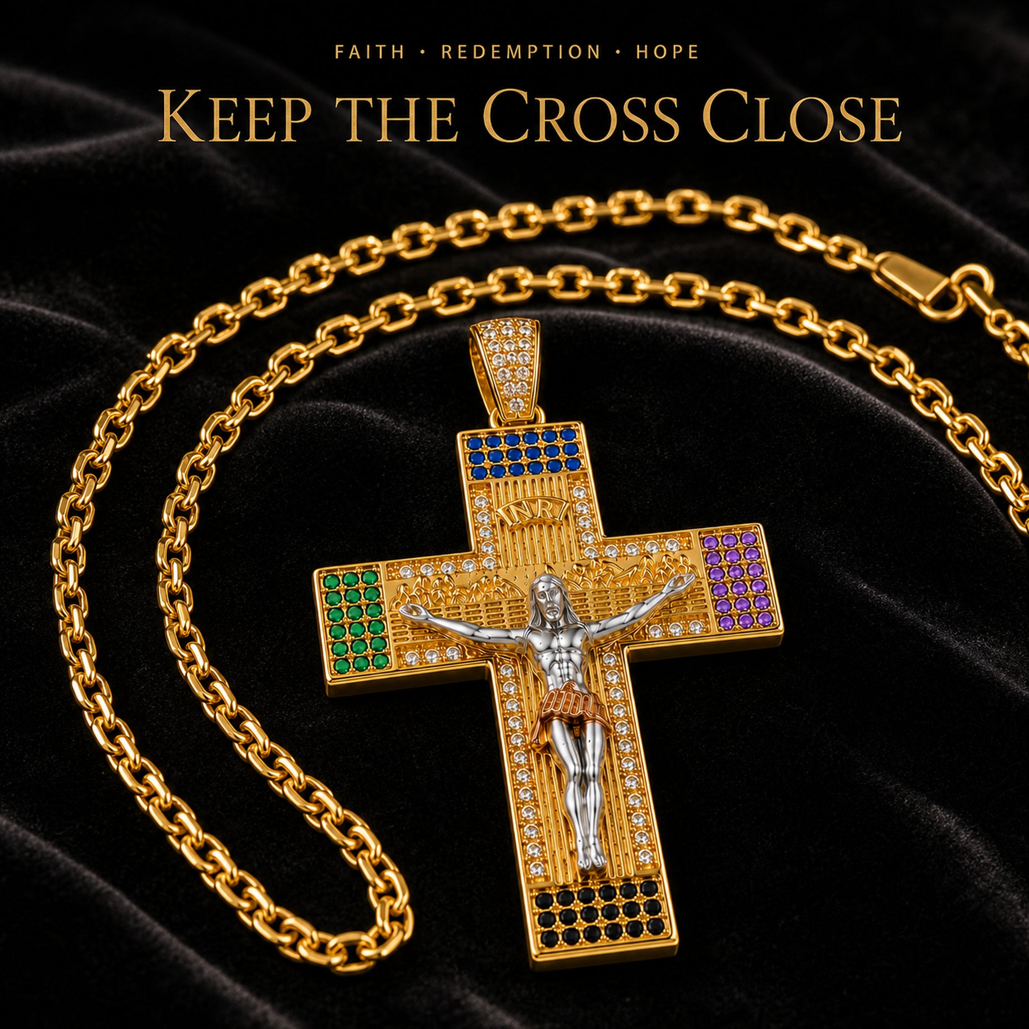 Multicolor zircon Jesus crucifix necklace with the message Keep the Cross Close