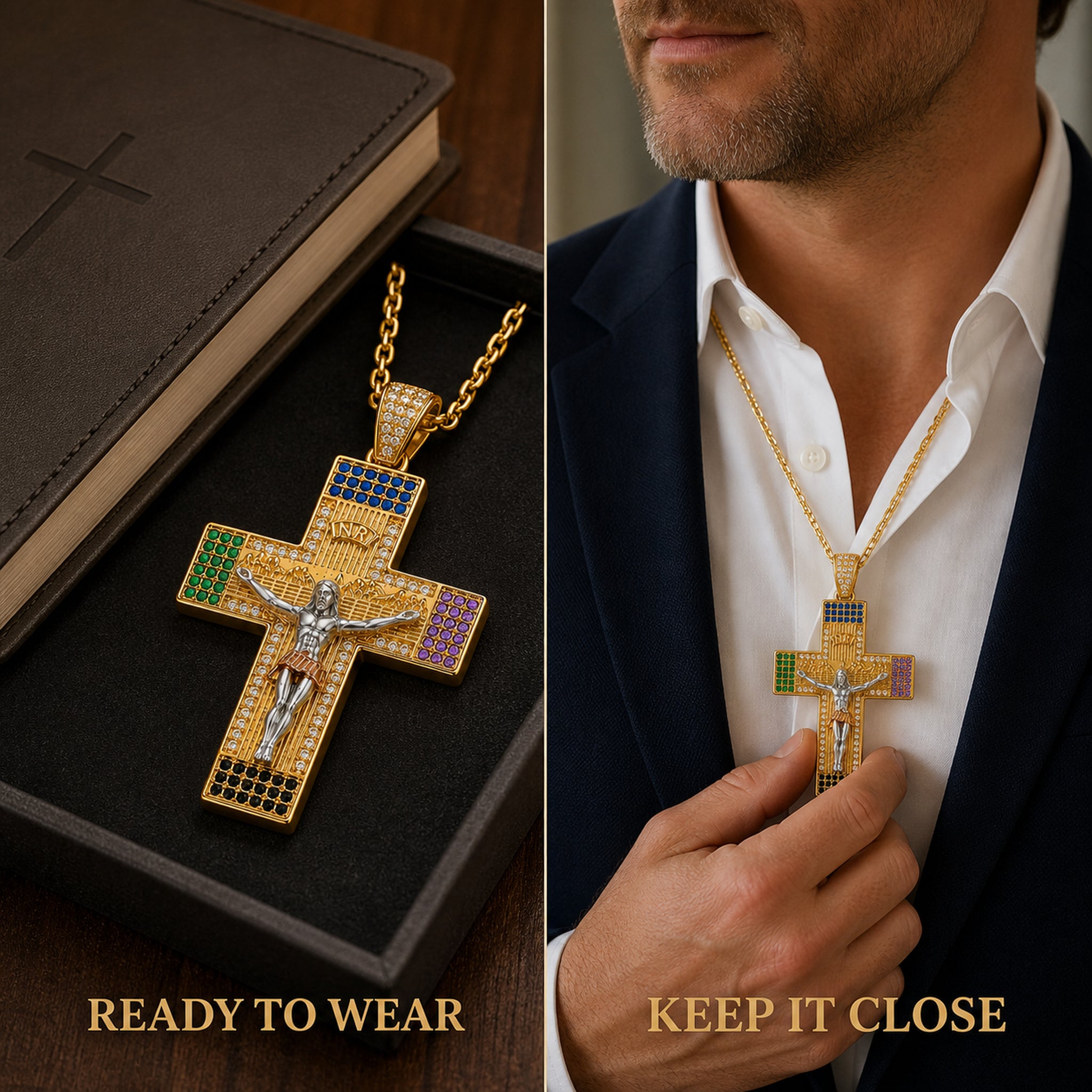 Crucifix necklace displayed beside a Bible and worn with a suit