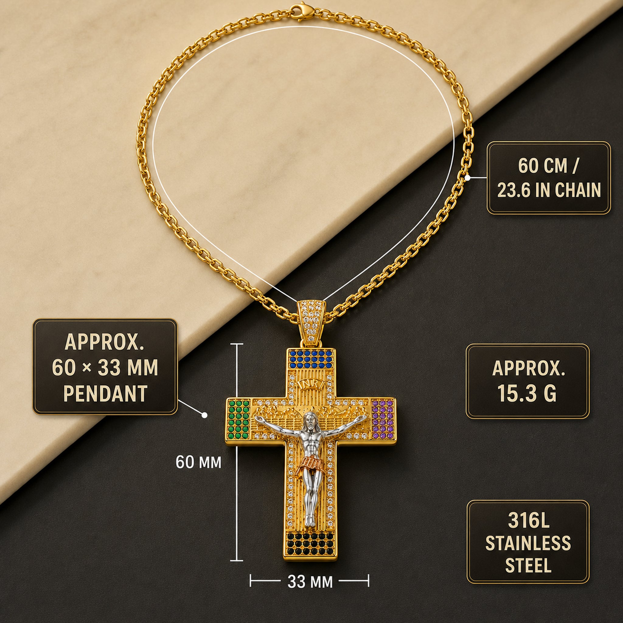 Complete crucifix necklace size, chain length, weight, and material specifications