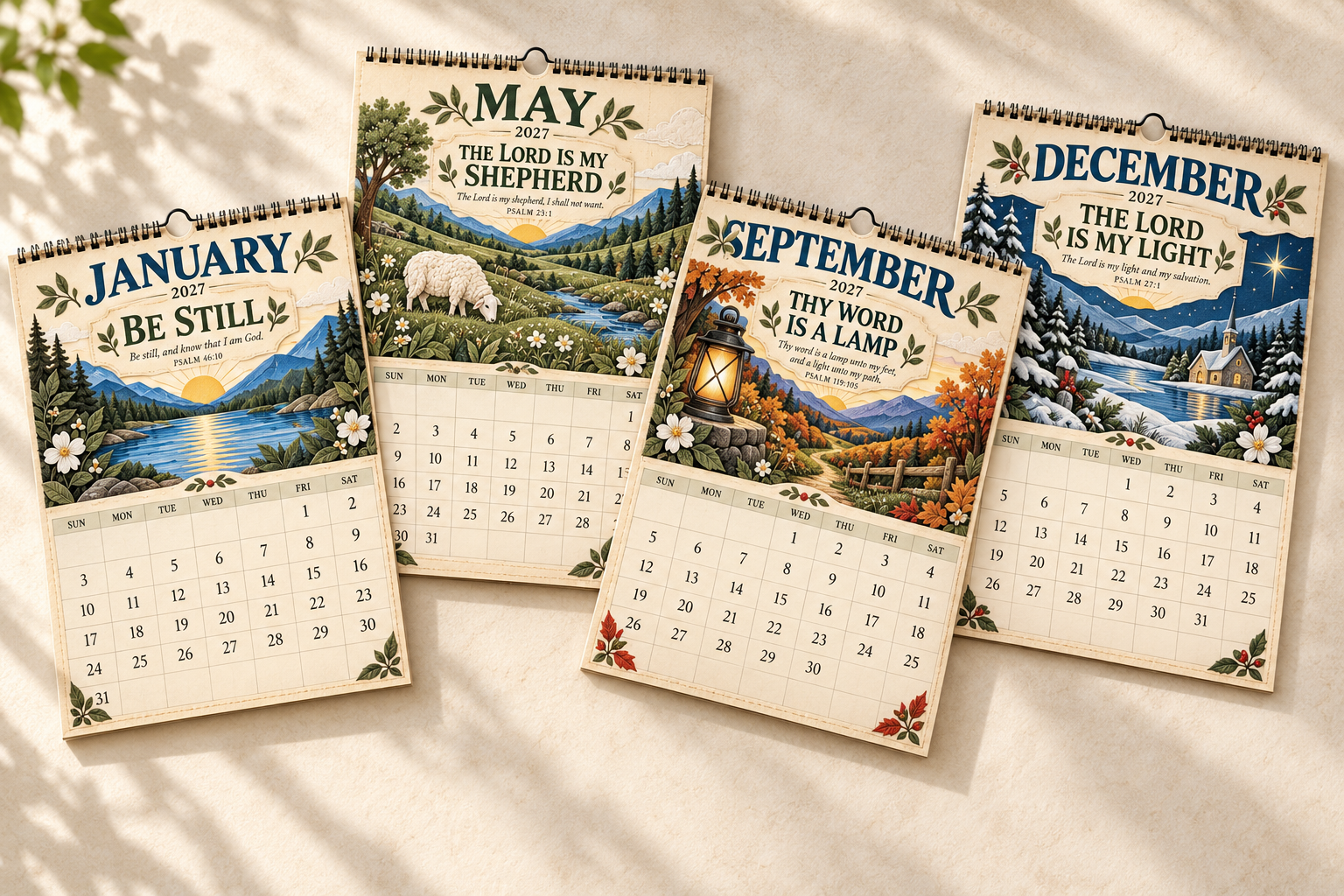 Four seasonal pages from the 2027 Psalms wall calendar