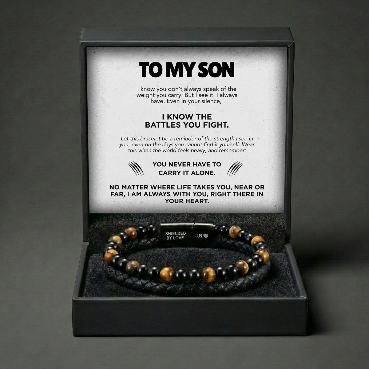 Tiger eye and black braided bracelet presented in a black gift box with a To My Son message card