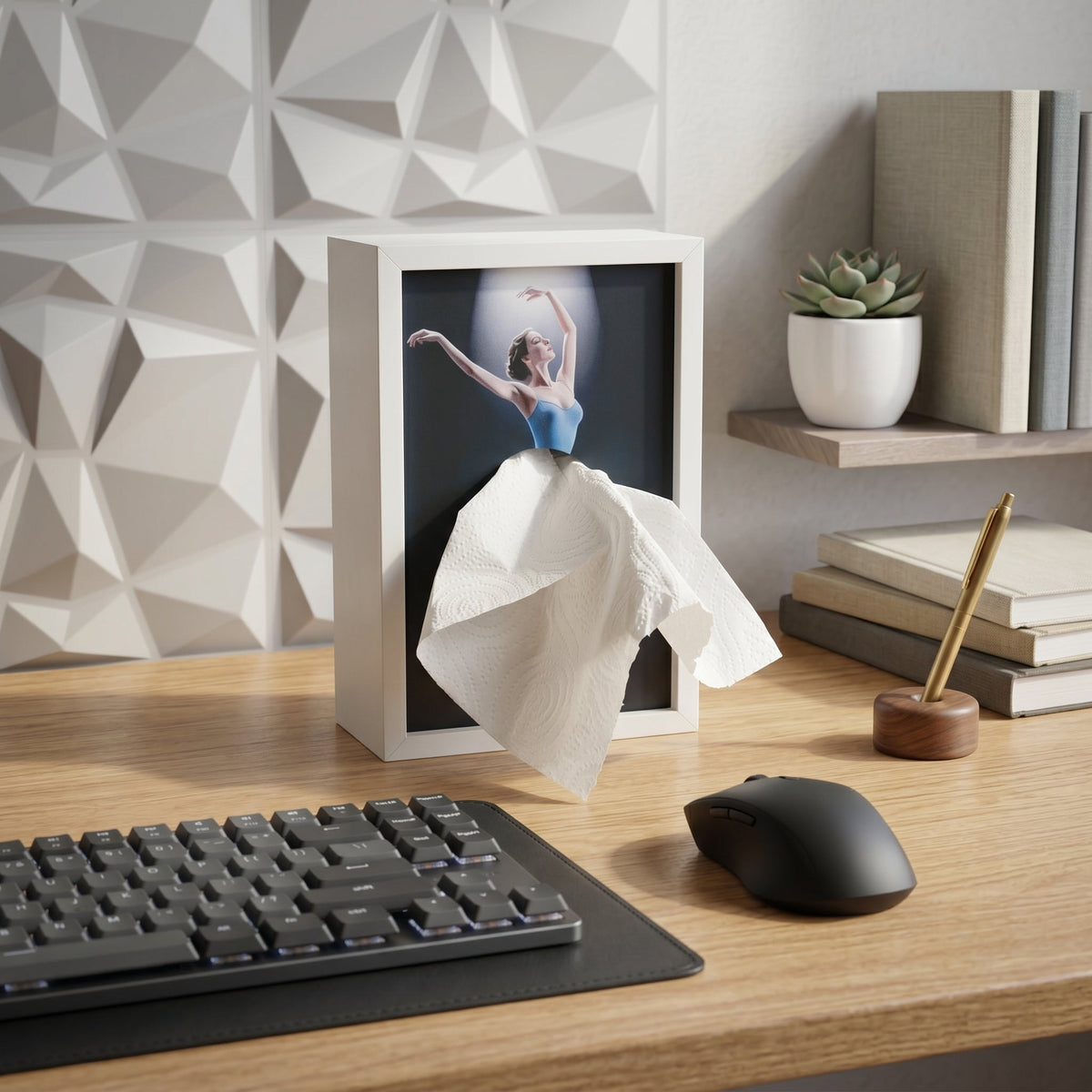 Ballerina tissue box on a home office desk